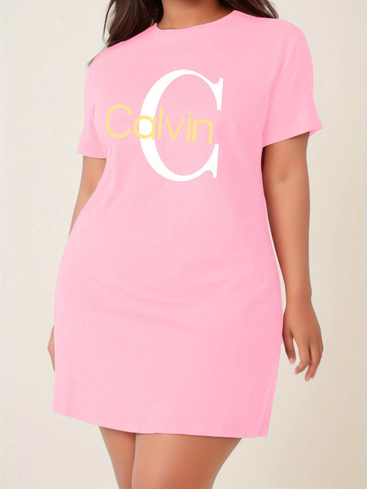 Plus Size Calvin Women's Breathable T-Shirt Dress Slim Fit Knee-Length Round Neck Casual Summer Dress with Bold Yellow Lettering CDXQ-205