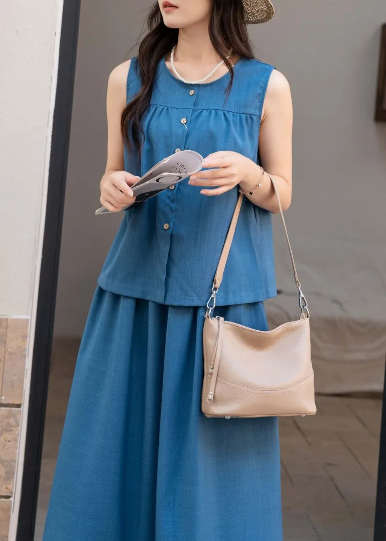 Women's Natural Cowhide Leather Crossbody Bag Two Straps- Convertible Shoulder Purse for Effortless Commuting Minimalist Tote