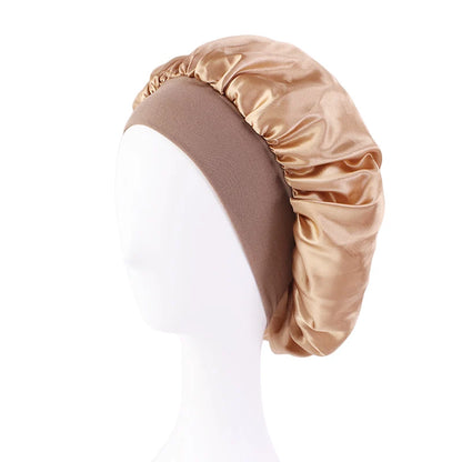 Women's Satin Solid Bonnets Wide-brimmed Night Sleeping Bathing Hat Unisex Head Wrap Elastic Band Cap Hair Care Bonnet gold One Size