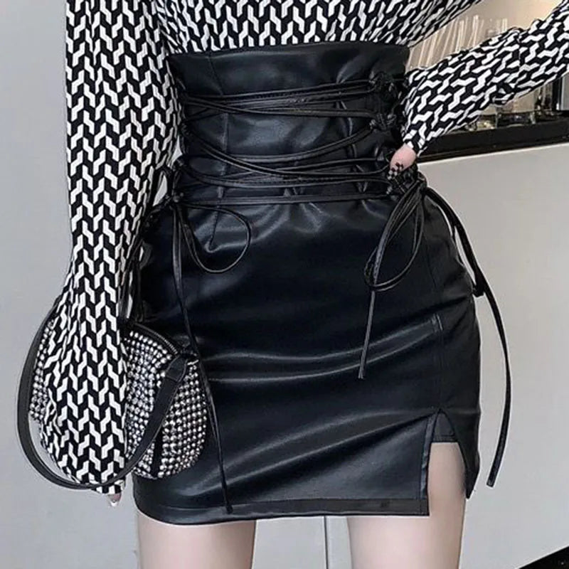 Black Leather Mini Skirts Women Gothic High Waist Slim Fit Lace Up Pencil Skirt Female Sexy Club Back Zipper Split Bag Hip Skirt