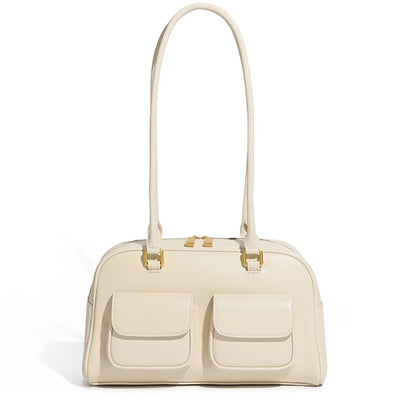 Burminsa Cowhide Genuine Leather Underarm Shoulder Bags For Women 2025 Luxury Designer Korean Bowling Tote Work Ladies Handbags Beige