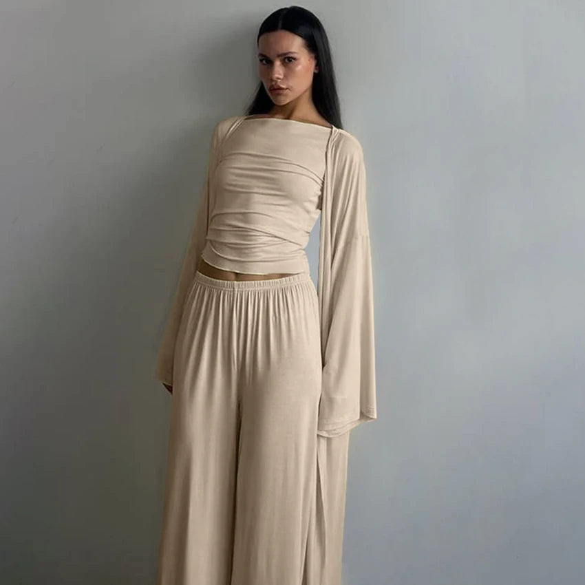 Hiloc Elegant Knit 3 Piece Sets Summer Casual Loose Sleepwear Street Chic Elastic Waist Pants Fashion Long Sleeve Shirts 2025