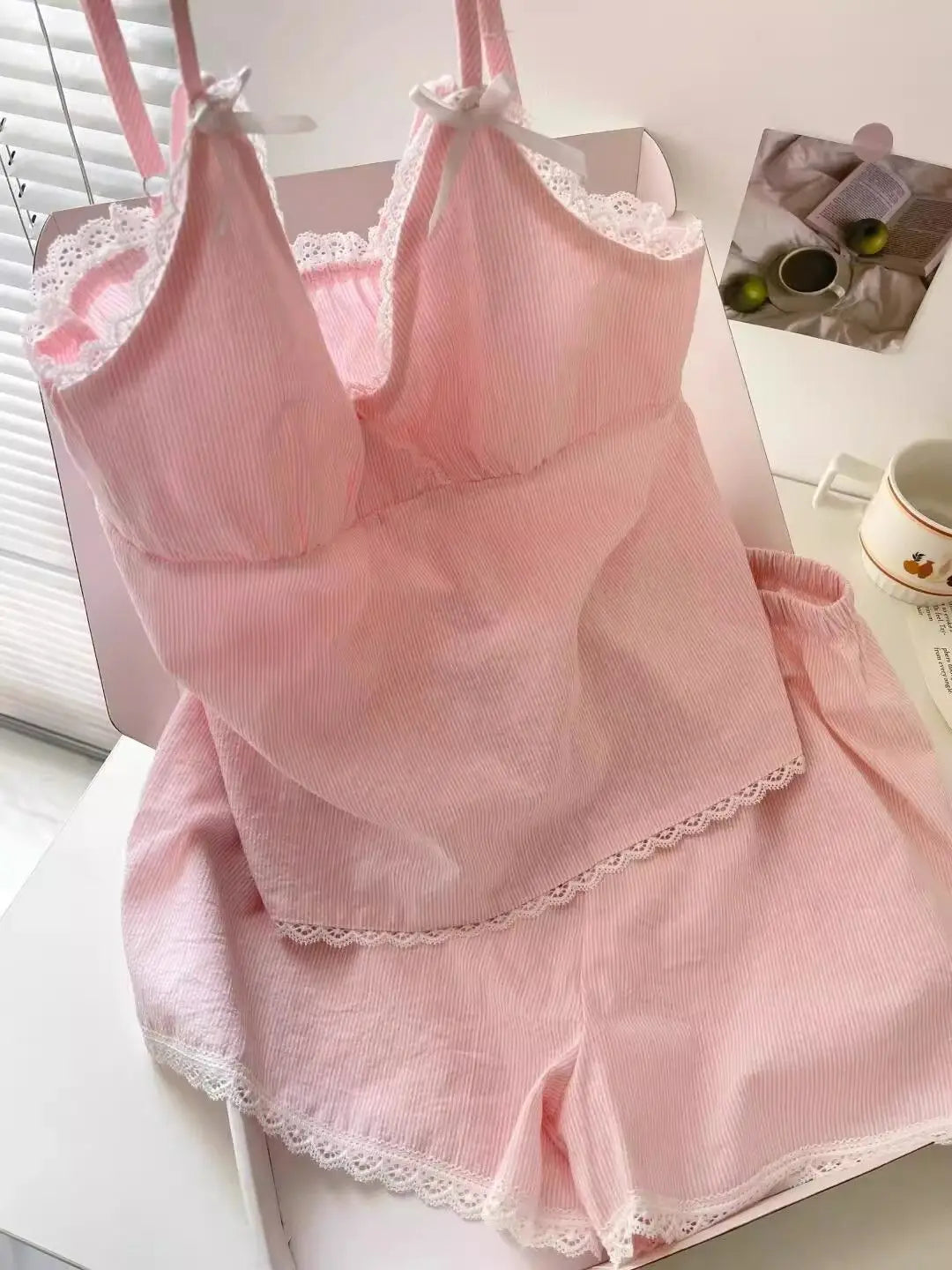 Lace Sleepwear Women Pajama Sets Striped Korean Piiama Summer Shorts Sets 2 Pieces Spaghetti Strap Night Wears Pink Home Suit