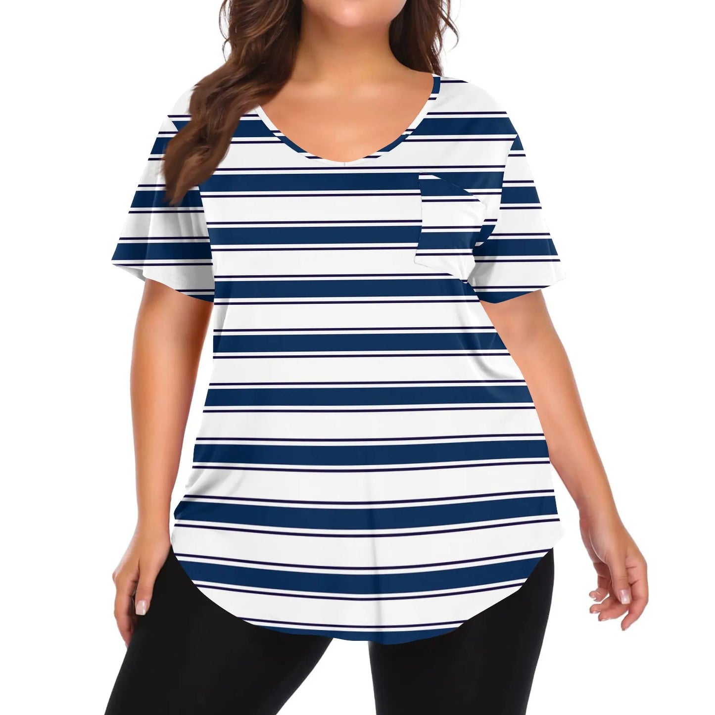 Plus Size Casual striped T-shirt For Women V neck short sleeves Loose Tops With Pocket Summer Daily Casual Plus Size Women's Top Royal Blue