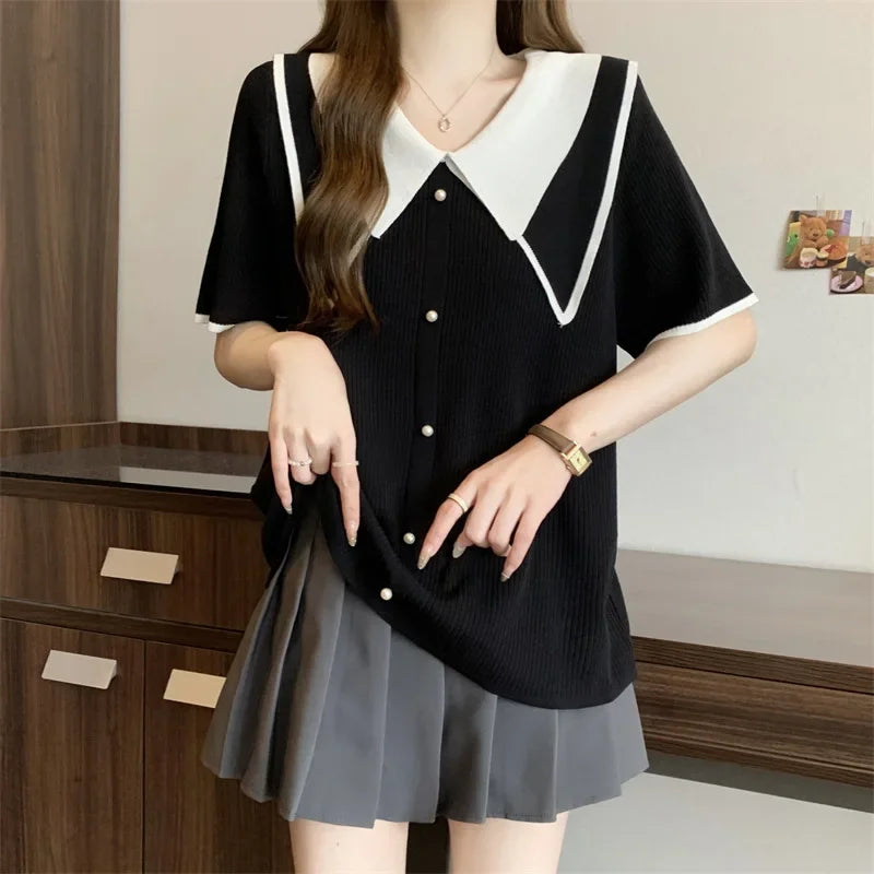 Plus Size Summer Knitted Short Sleeve T-Shirt Double Collar Polo Neck Loose Fit Meat Concealing Top for plus Size Women