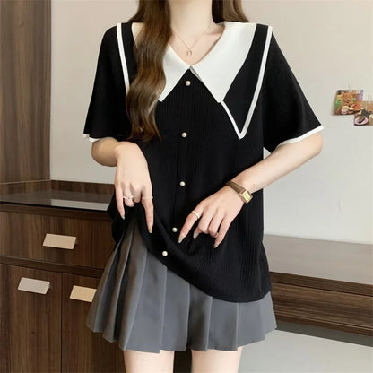 Plus Size Summer Knitted Short Sleeve T-Shirt Double Collar Polo Neck Loose Fit Meat Concealing Top for plus Size Women
