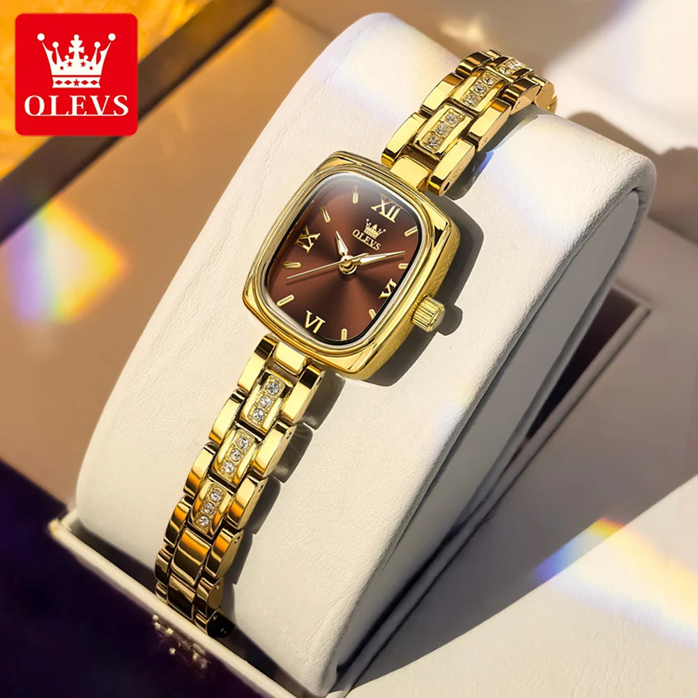OLEVS 3695 Women Watches Tonneau Quartz Watch Waterproof Luminous Ladies Watch For Woman Luxury Fashion Original Elegant New Gold Brown CHINA Yes