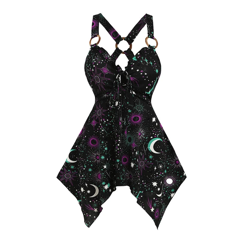 Dressfo 2025 Women's Gothic Tank Tops Galaxy Sun Star Moon O Ring Lace Up Handkerchief Hem Summer Tank Top Y2k Clothes black