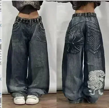 2000s Baggy Jeans Women New Harajuku Hip Hop Wing Print Oversized Jeans Gothic High Waist Wide Leg Pants Men Trousers Streetwear Badiee Stylez