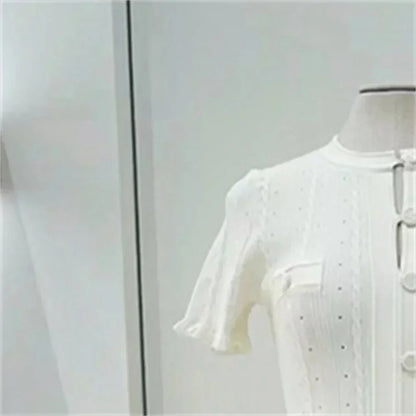 Women O-Neck White Knit Thread Mid-Length Dress Summer 2024 New Elegant Lady Ruffled Sleeve Single Breasted Slim Long Robe Badiee Stylez
