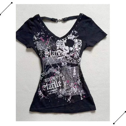 Retro Floral Print Fake Two-piece Short-sleeved T-shirt Women Y2K Millennial Hot Girl Sweet Slim Harajuku Street Casual Top 7