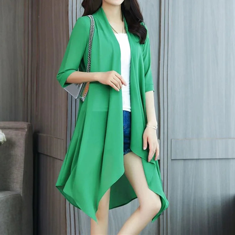 Summer Sun Protection Clothing Women Chiffon Cardigan Half Sleeve Blouse Shirts Ladies Shawl Female Tops Women Loose Thin Coats green