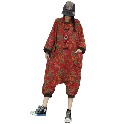 Artistic Large Floral Cotton Linen Chinese Style Button Embroidery Loose Casual Jumpsuit Women LX4344 Badiee Stylez