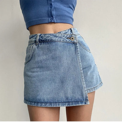 Elegant Slimming High-waisted A- line Denim Shorts Women's Summer New 2023 Light Color Two-piece Illusion Design Slim Fit
