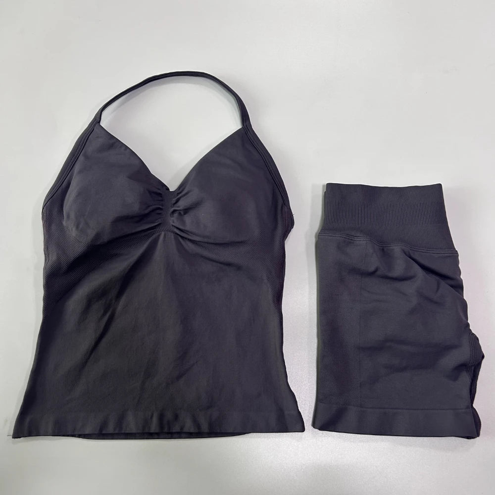 No Logo 2Pcs Gym Set Women Backless Tank Tops High Waist Scrunch Seamless Shorts Gym Suit Fitness Clothes Activewear Workout Set Badiee Stylez