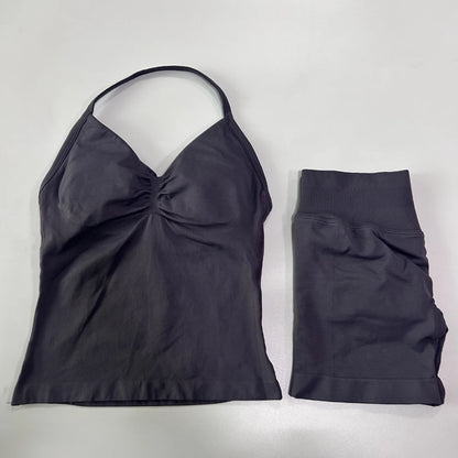No Logo 2Pcs Gym Set Women Backless Tank Tops High Waist Scrunch Seamless Shorts Gym Suit Fitness Clothes Activewear Workout Set Badiee Stylez