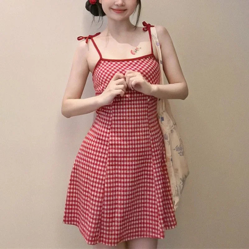 Summer Girls Sweet Red Plaid Slip Dress Lady Korean Designer Bowknots Slim Fit Skirts Female Beach Vacation A-line Short Dress