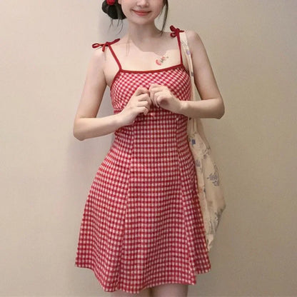 Summer Girls Sweet Red Plaid Slip Dress Lady Korean Designer Bowknots Slim Fit Skirts Female Beach Vacation A-line Short Dress
