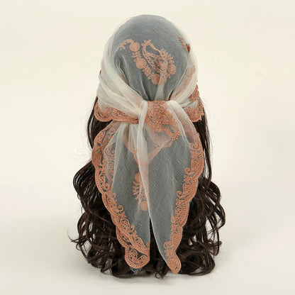 Lace Paisley Embroidery Bandana Square Scarf Elegant Breathable Silk Scarves Women Sunscreen Lightweight Shawl Headband VS630-03