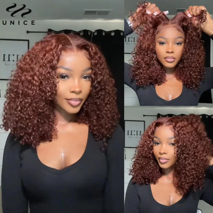 UNice Hair 7x5 Bye Bye Knots Wig Human Hair Reddish Brown Curly Lace Wig Wear Go Glueless Wig Pre Cut Bleached Lace Closure Wig