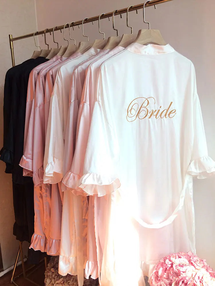 Personalized Embroidered Robe Ruffle Bridesmaids Silk Robes Bride Wedding Day Embroider Kimono Customizable Elements Kimono Robe