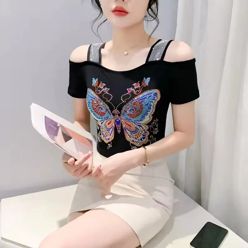 New Arrival Summer European Clothes Women's T-Shirts Chic Luxury Butterfly Hot Diamonds Tees Sexy Girl Slim Streetwear Tops Picture color 19