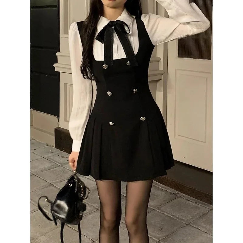 French Style Long Sleeve Mini Dress Women's Autumn Winter Slimming Design A- Line Skirt Polyester Fiber Polo Collar Empire Waist Badiee Stylez