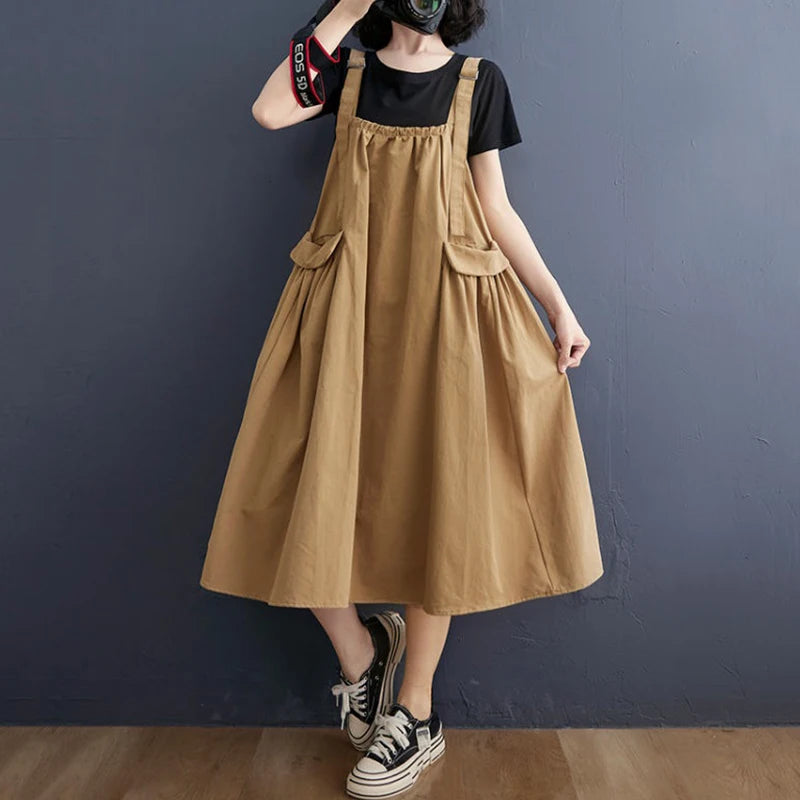 Female Dress Summer Mid-Length Loose Solid Color Pocket Swing Chic Casual Straps Dresses New Women Dress Vestidos Selling