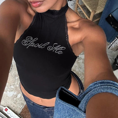 Lygens Halter Rhinestone Diampnds Lace Backless Sleeveelss Women'S Tops Tshirts Y2K Wholesale Casual Solid Fashion Clothing