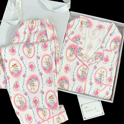 Spring and Autumn Women's New Cloud Cotton Pajamas Homewear Set Students Sweet Printing Long Sleeves Long Pants Pajamas Homewear Pink2803