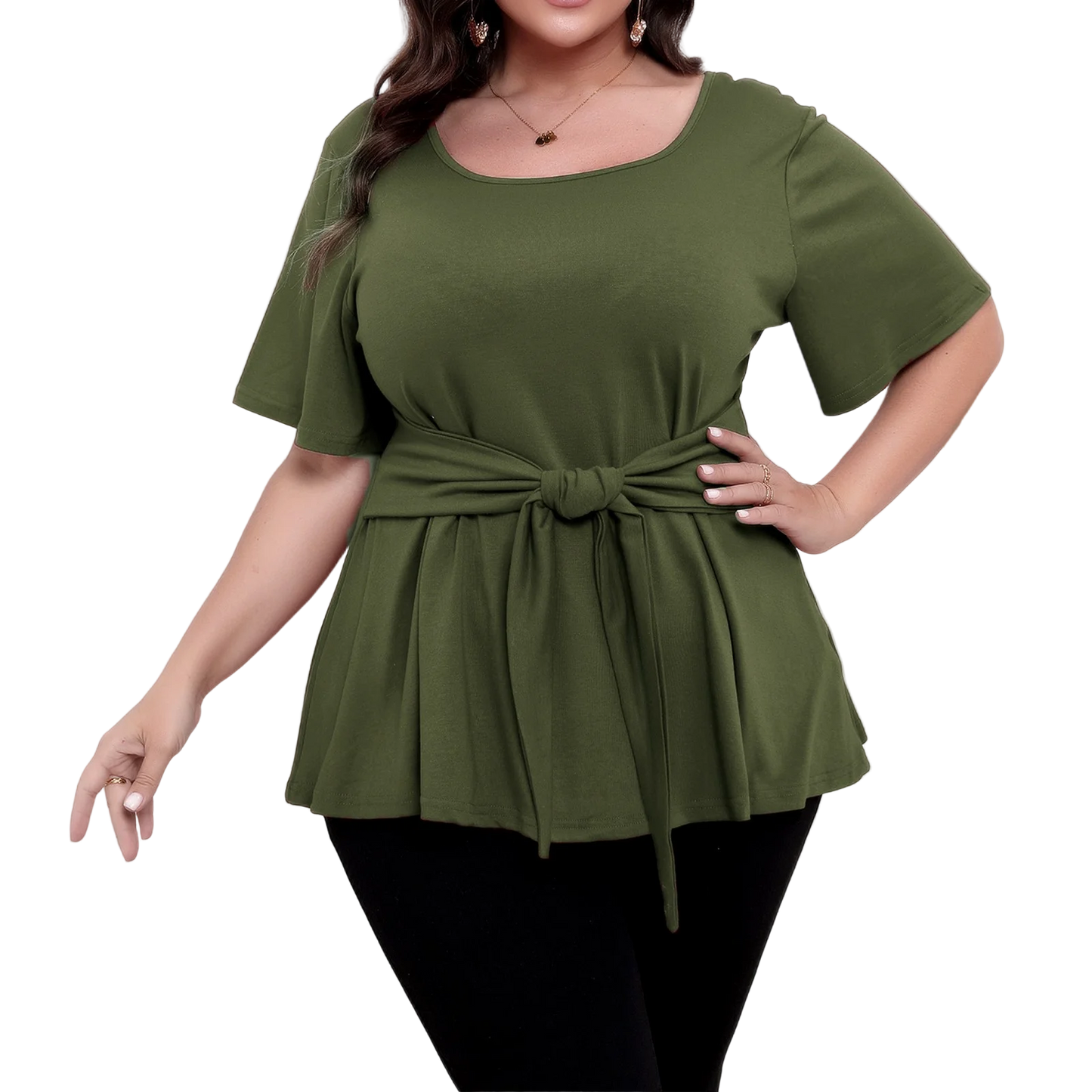 Plus size top women's short sleeve round neck belted t-shirts spring summer ladies casual T-shirt tops solid color pullover