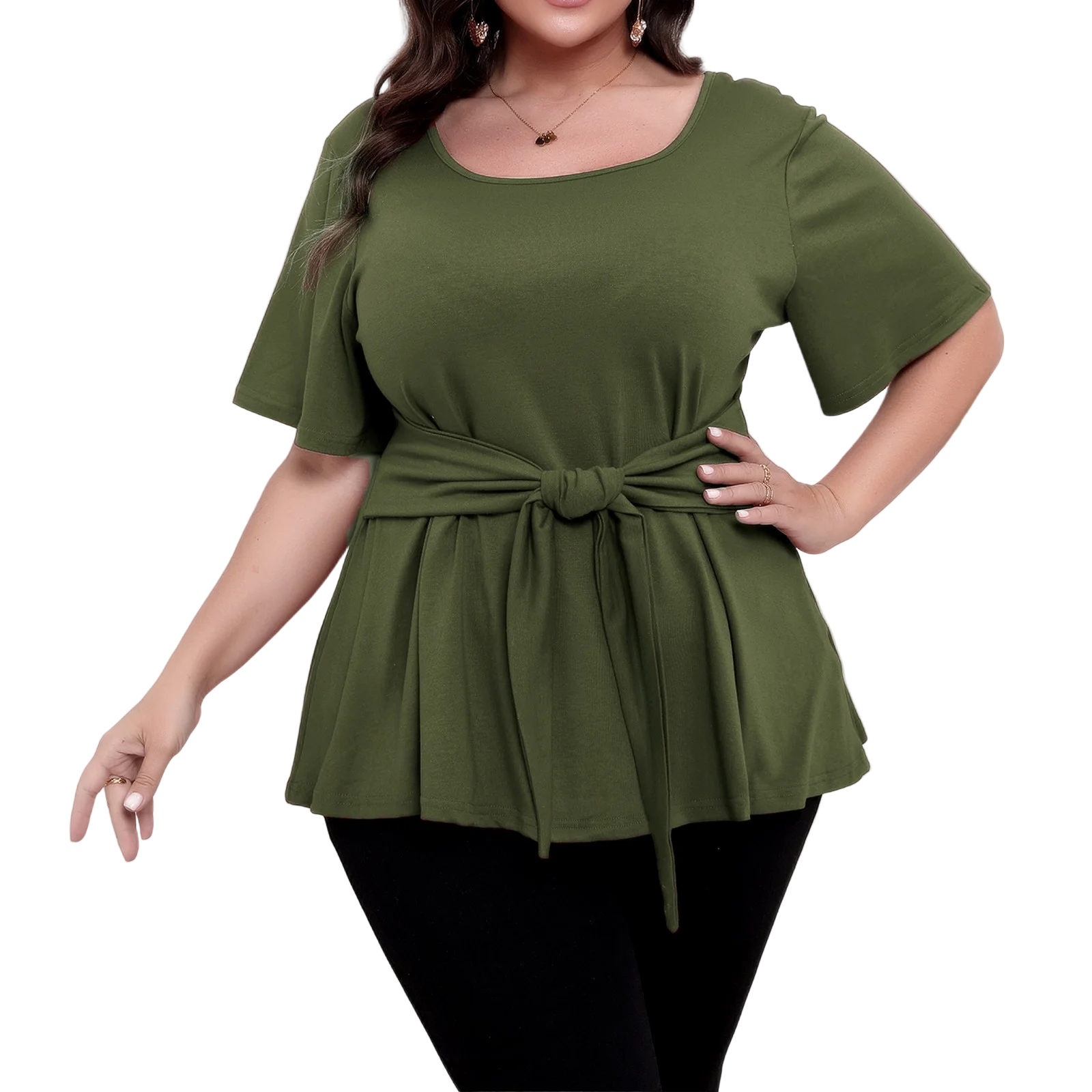 Plus size top women's short sleeve round neck belted t-shirts spring summer ladies casual T-shirt tops solid color pullover