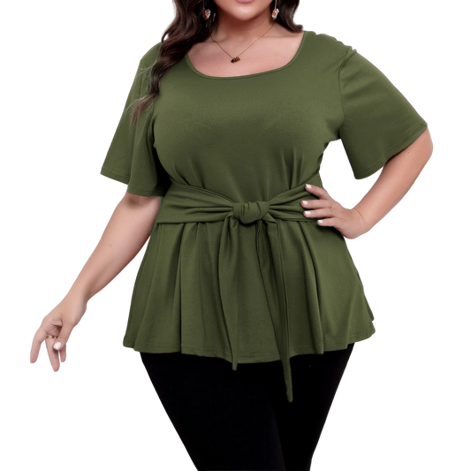 Plus size top women's short sleeve round neck belted t-shirts spring summer ladies casual T-shirt tops solid color pullover