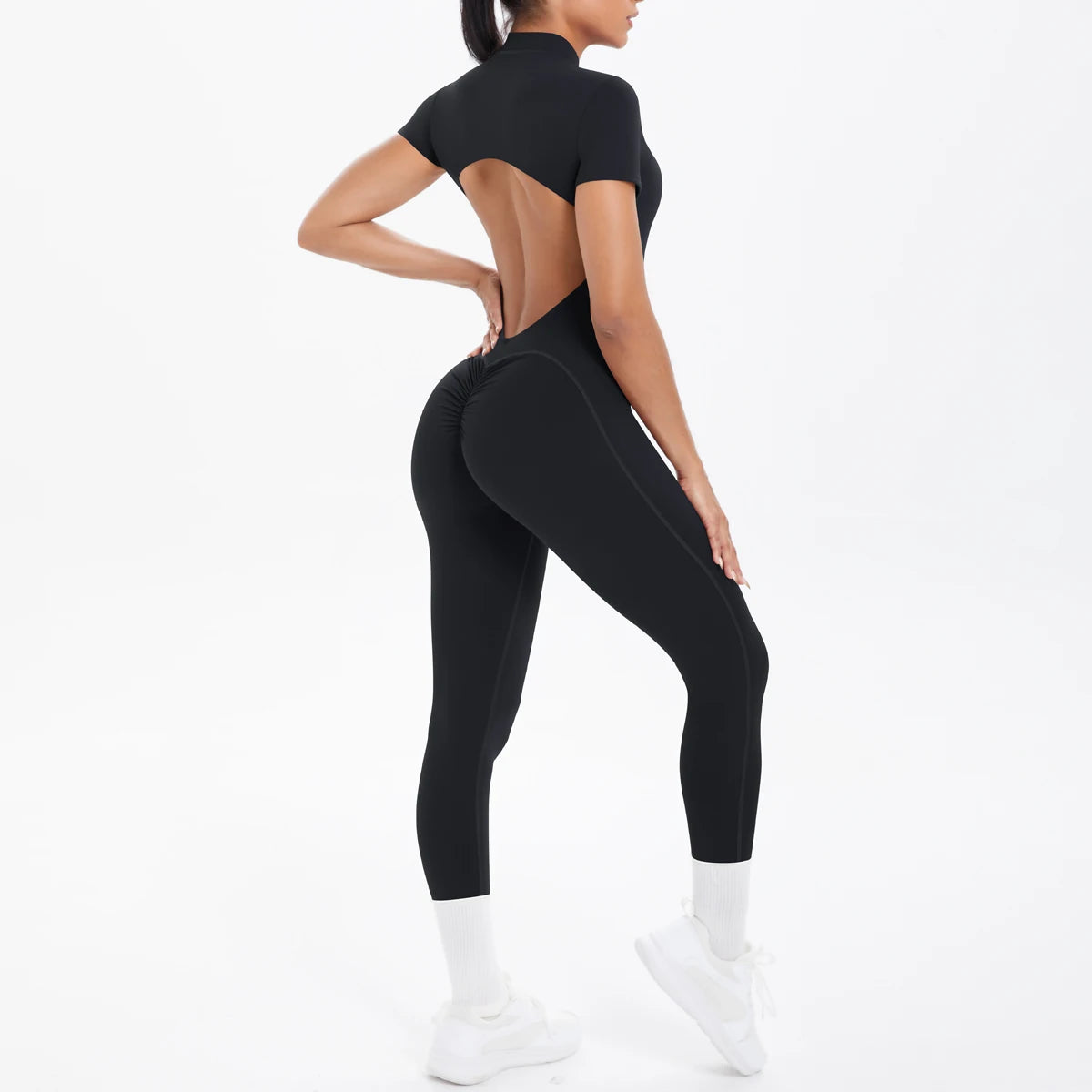 Short Sleeved Fitness Jumpsuit for Woman Bodysuits Backless Solid Color Scrunch One-Piece Suit Half Zipper Gym Yoga Sets Womens Black