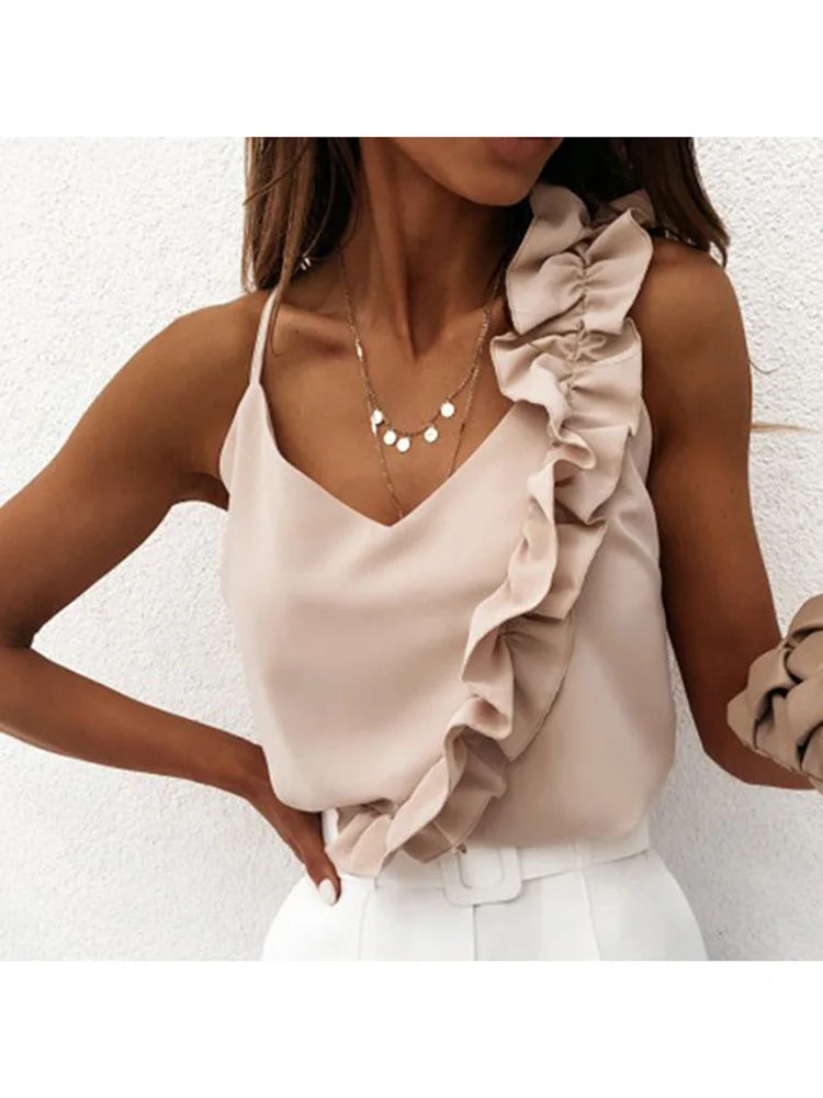 Women Summer Blouse Shirts Sexy V Neck Ruffle Blouses Backless Spaghetti Strap Office Ladies Sleeveless Casual Tops Beige