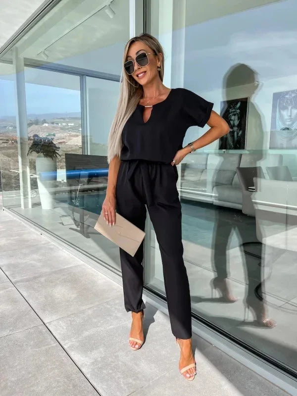 Jumpsuit Women 2023 Solid Color Short Sleeve V-neck Pocket Lace-up Pencil Long Pants Jumpsuits Summer Outfits Bodysuits Badiee Stylez