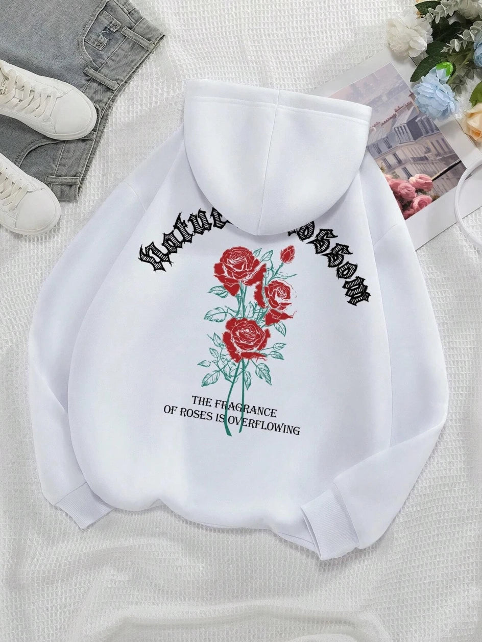 Fashion Women Hoodies Vintage Letters & Flowers Printed Sweatshirts Spring Crewneck Pullover Loose Fleece Female Tops Clothes white