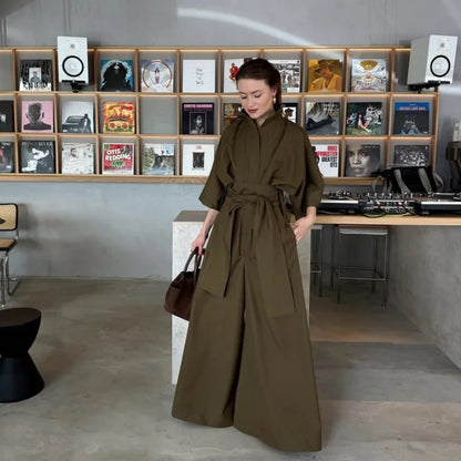 Linen Lace Up Women's Jumpsuit High V-neck Full Sleeve Top Loose Straight-leg Pants 2025 Summer Chic Female Casual Streetwear