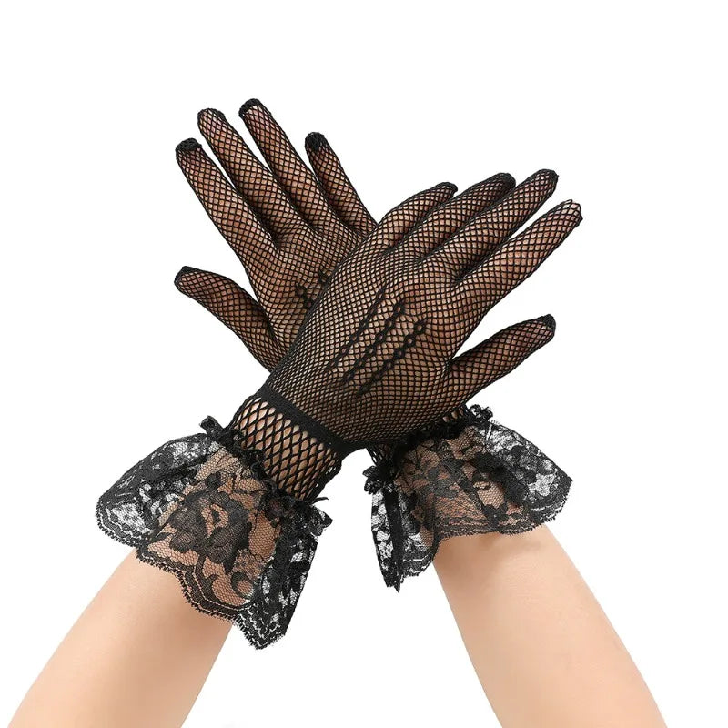 Girls Lolita Lace Hollow Out Gloves Women Ceremony Etiquette Mesh Thin Mittens Gothic Punk Sexy Glove Black White Soft Elastic
