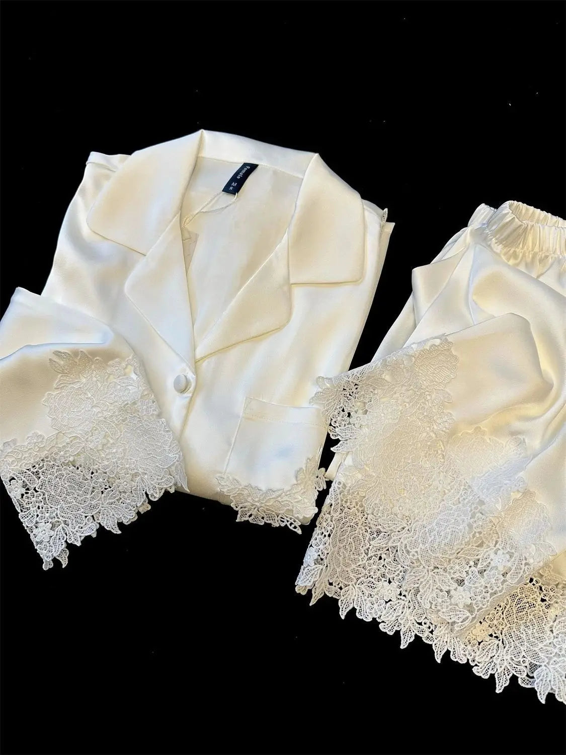 Female Pajamas Set White Satin Lace Trim Bride Wedding Sleepwear Gift Homewear Sexy Loose Long Sleeve Trouser Suit Loungewear