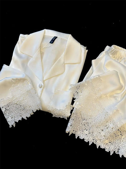 Female Pajamas Set White Satin Lace Trim Bride Wedding Sleepwear Gift Homewear Sexy Loose Long Sleeve Trouser Suit Loungewear
