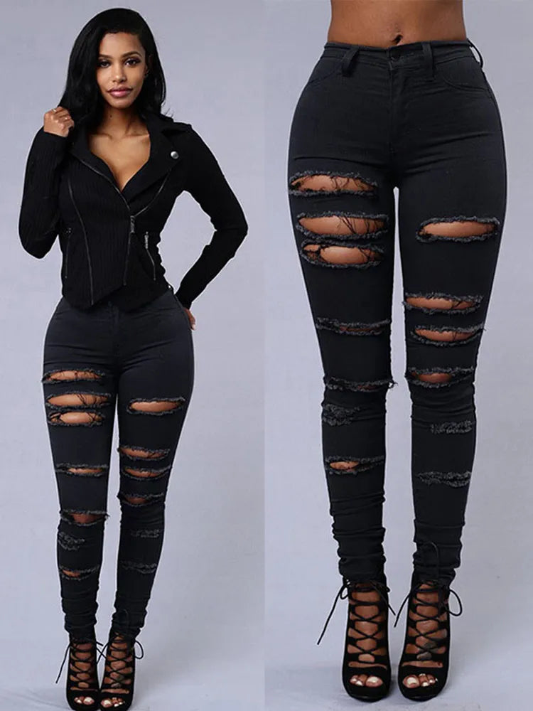 Fashion Stretchy Ripped Skinny Black Jeans Women Zipper Hollow Out Denim Jeans Casual Lady Street Bottoms