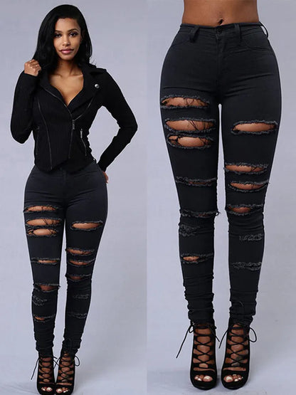 Fashion Stretchy Ripped Skinny Black Jeans Women Zipper Hollow Out Denim Jeans Casual Lady Street Bottoms