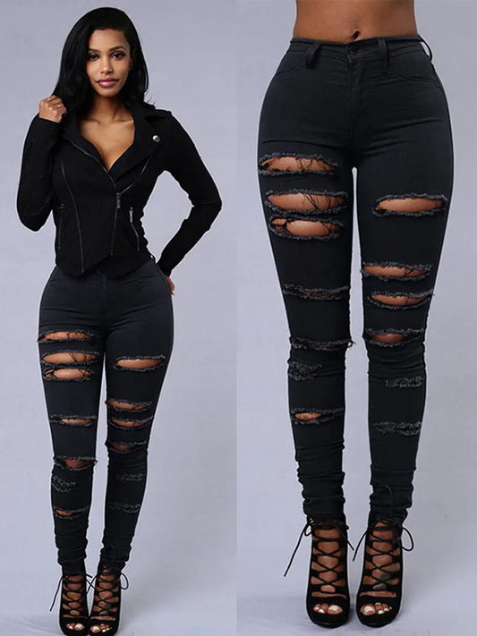 Fashion Stretchy Ripped Skinny Black Jeans Women Zipper Hollow Out Denim Jeans Casual Lady Street Bottoms