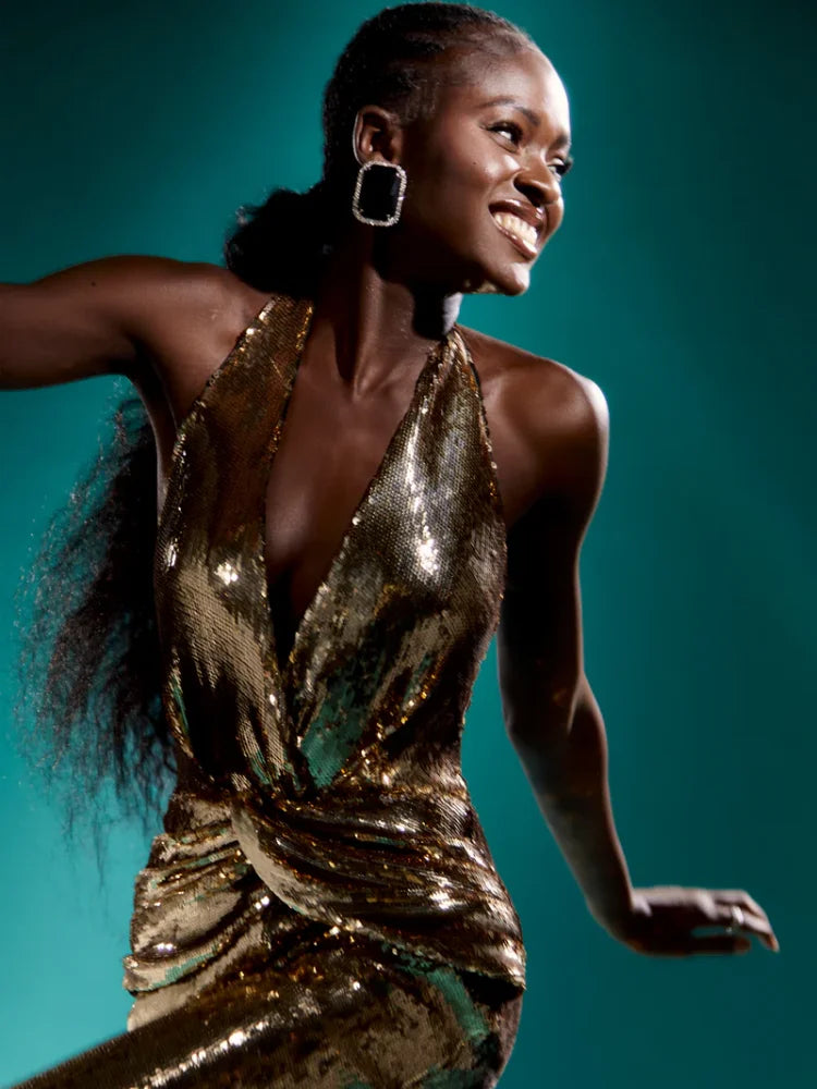 Women's Sleeveless Gold Sequin Jumpsuit Sexy V Neck Sparkle Sequined High Waist Wide Leg Pants Jumpsuit Celebrity Evening Party Badiee Stylez