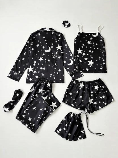 Luxurious women's starry sky print, leopard print satin pajama set, including pocket collar top, pants, shorts, adjustable shoul