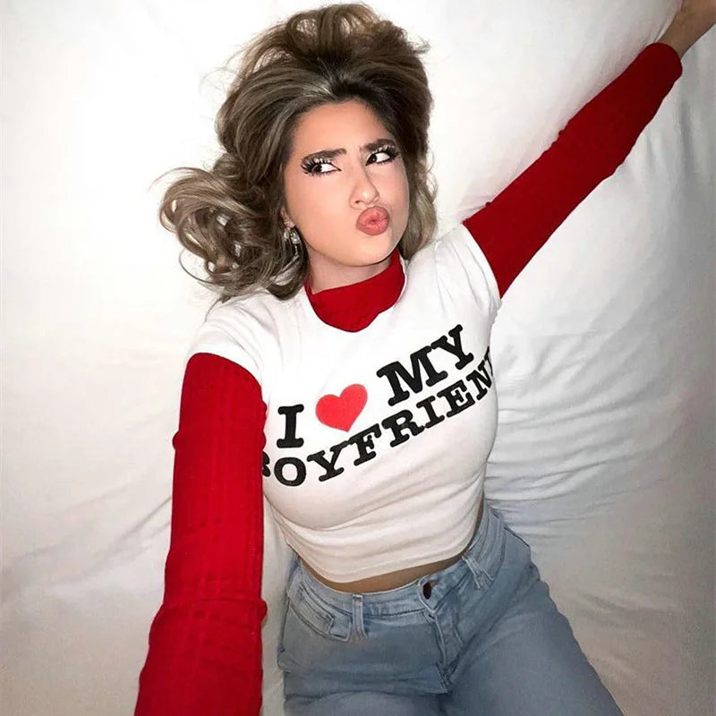 I LOVE MY BOYFRIEND Summer Fashion Girls Cotton Crop Tee Short Short Sleeve Women T-Shirt