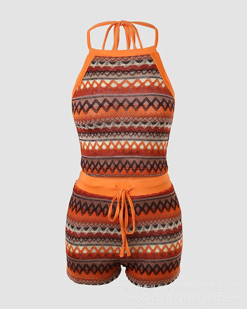 Geometric Patttern Halter Top & Drawstring Shorts Set Sleeveless Tank Top High Waist Shorts Pants 2pcs Clothes Set