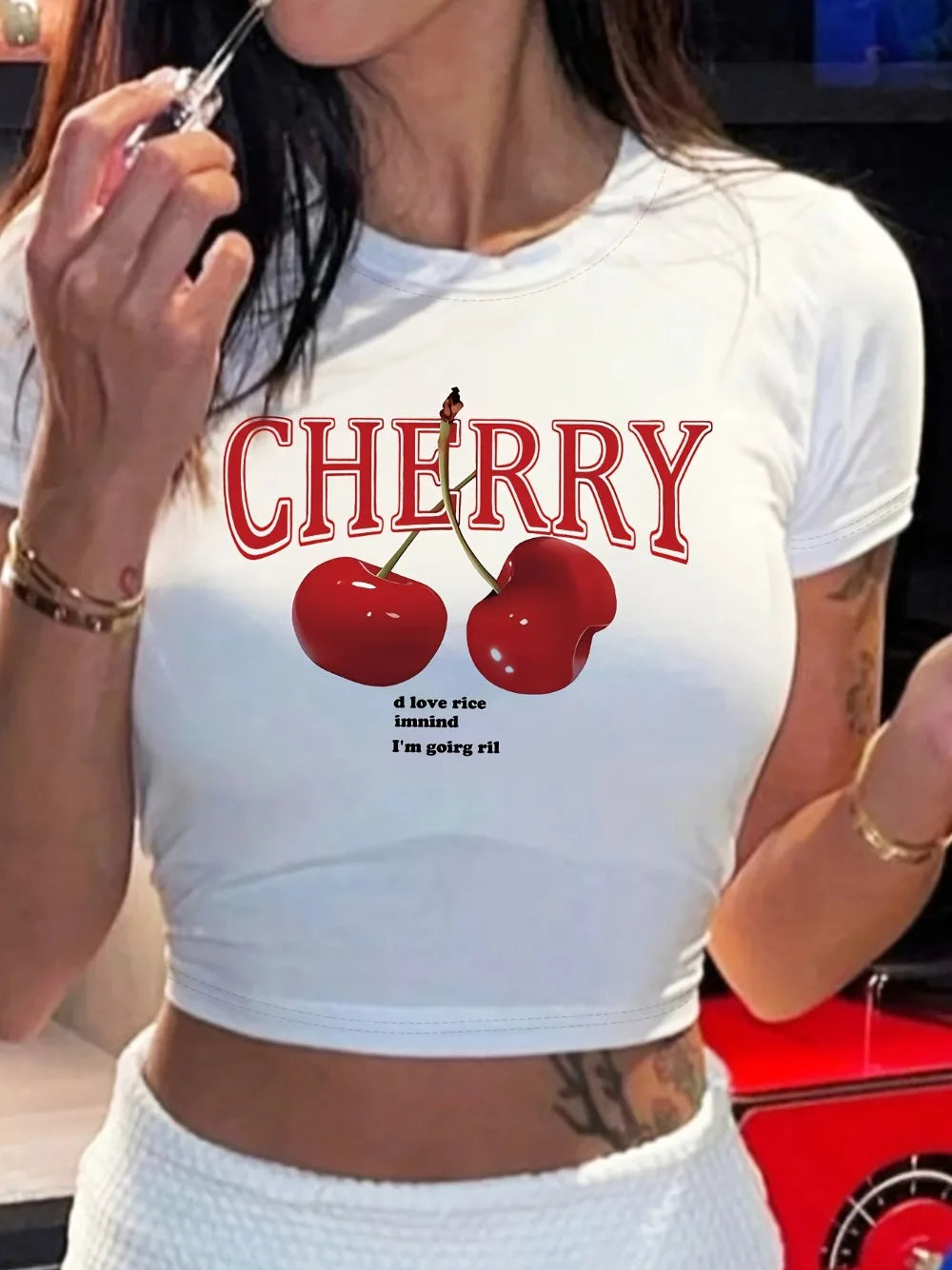 Cherry Print Crew Neck Crop T-shirt - Vibrant Y2K Inspired Short Sleeve Top for Spring and Summer Women's Fashion Clothing Badiee Stylez