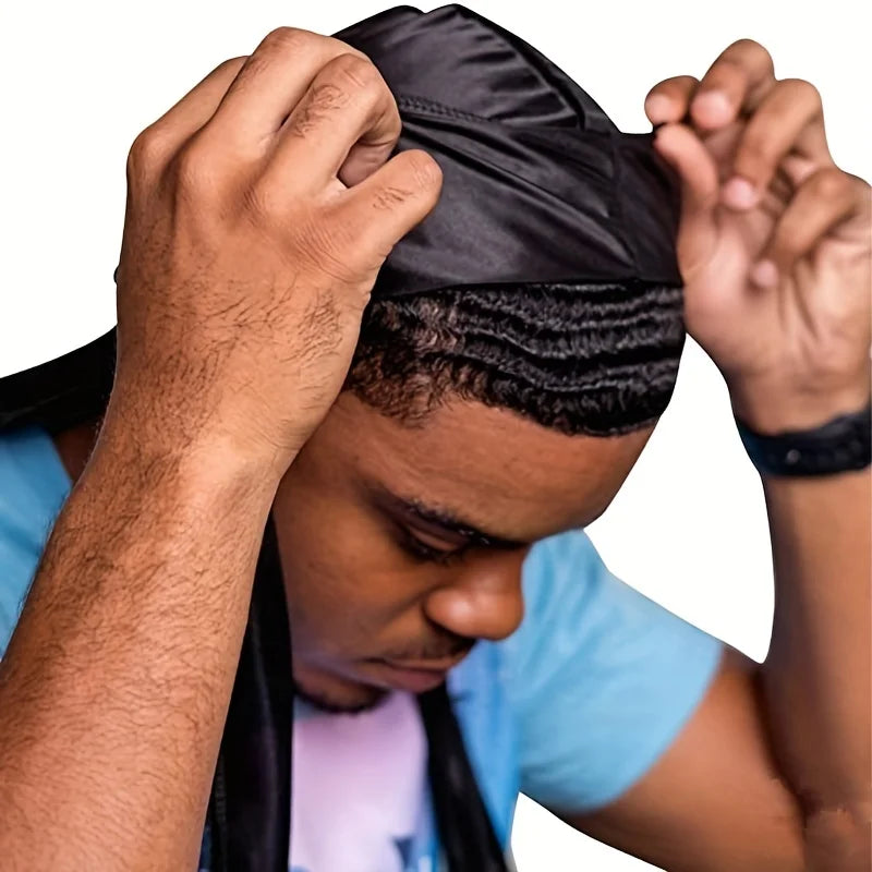 Men's Silk Durag Bonnet Bandana Silky Du Rag Doo Rag Long Tail Waves Cap